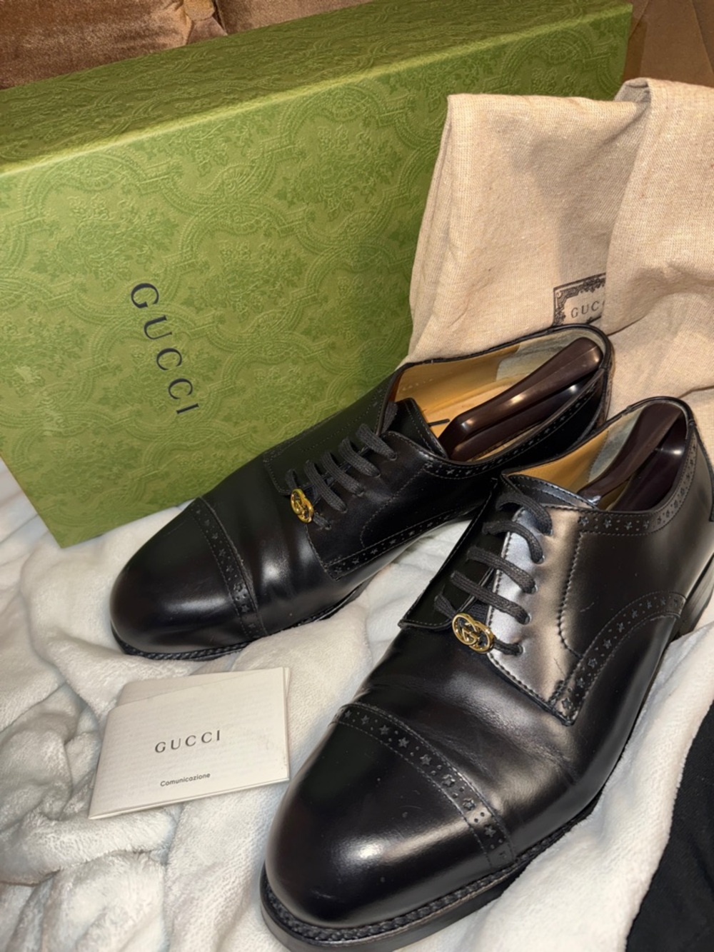 Mens size 11 Gucci Rooster Black Leather Brogues in box with dust bags